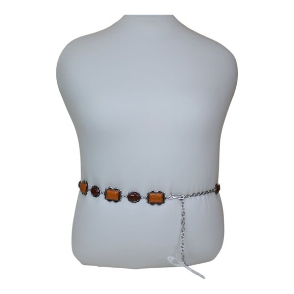 Haute Hippie Style Brown & Orange Stone Chain Belt One Size Adjustable 41" Long - Picture 13 of 13